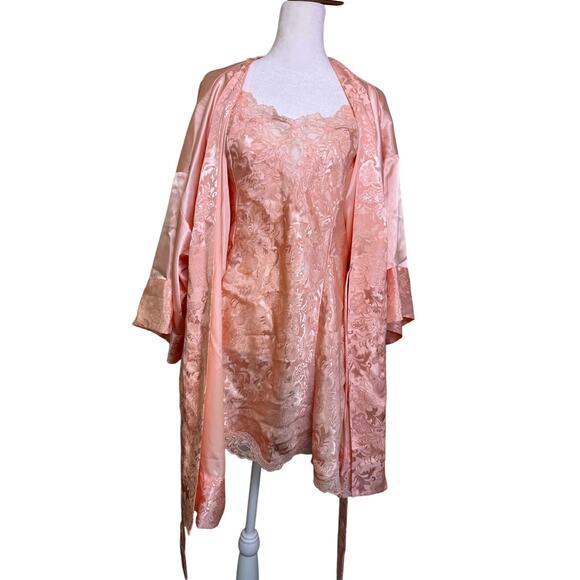 VTG Victoria’s Secret Gold Label Satin Jacquard Slip & Robe Set Pink Size L